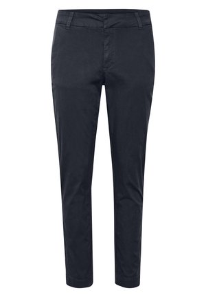 Pantalons slim fit bleu marine en coton lisse. Présentent un devant plat, deux poches avant et des coutures détaillées le long de la taille.