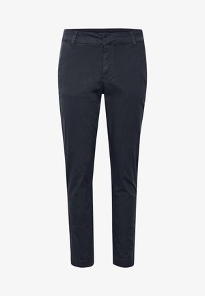 Marineblaue, schmal geschnittene Hosen aus glattem Baumwollstoff. Mit flachem Vorderteil, zwei vorderen Taschen und detaillierten Nähten entlang des Bundes.