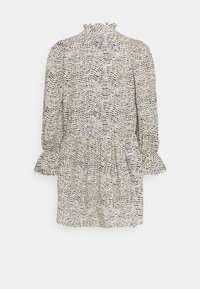 Mönstrad klänning med volangkrage och långa puffärmar. Har en blandning av gult, blått och svart på en krämfärgad bakgrund, utsvängd nederkant.