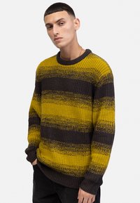 Pulover z debelo pletenico v rumeni barvi z vodoravnimi temno sivo žačrtami. Ima rebrast kroj okoli vratu in dolge rokave. Material je teksturiran.