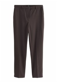 Pantaloni negri închisi, adaptați, confecționați dintr-un material neted. Au un design cu față plată, buzunare laterale și picioare drepte.