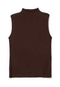 Haut sans manches en turtleneck brun fabriqué dans un tissu doux. Il présente un col montant et une coupe droite sans motifs ni accents visibles.