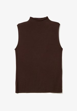 Braunes ärmelloses Rollkragenoberteil aus weichem Material. Es hat einen hohen Halsausschnitt und einen geraden Schnitt ohne sichtbare Muster oder Akzente.