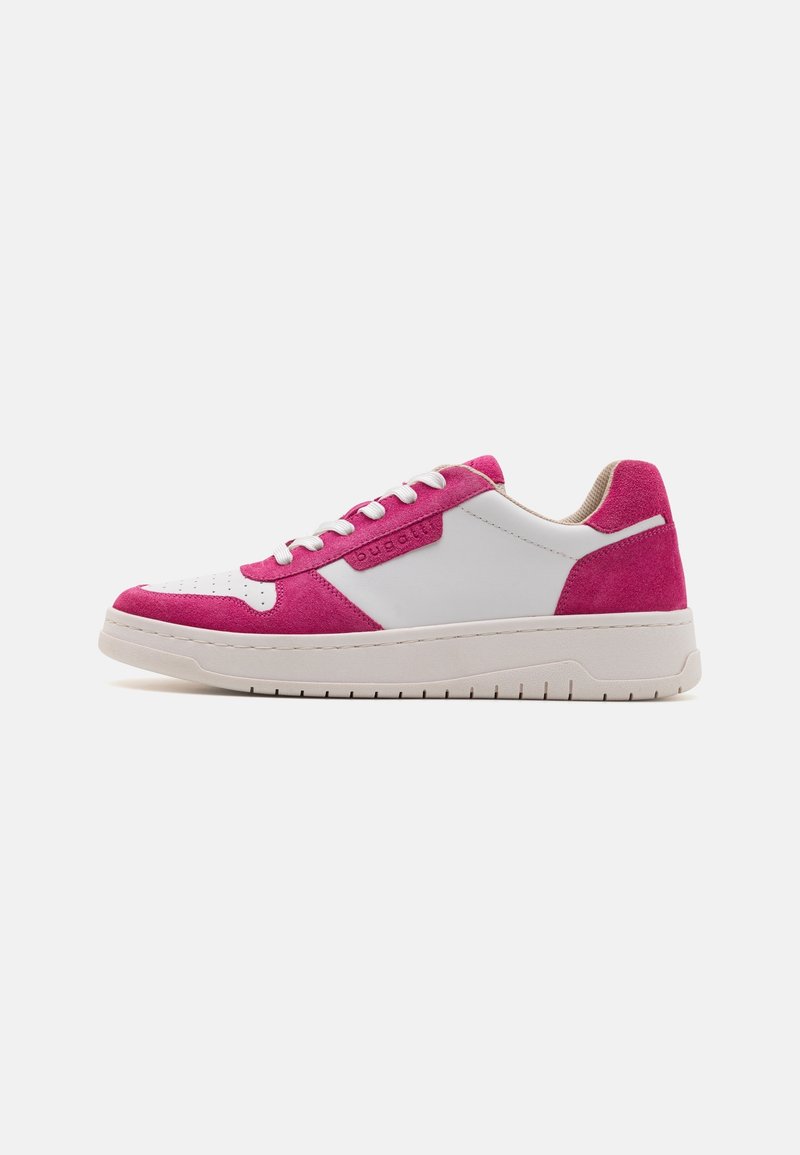 Low-top sneaker with a pink suede upper and white leather body, featuring white laces, a textured toe cap, and a thick beige rubber sole.