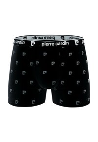 Boxers noirs avec une ceinture élastique blanche rayée de la marque et un motif de petits logos gris répétés sur tout le tissu.