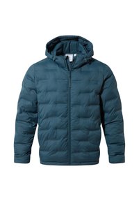 Blue puffer jacket with a hood, featuring a zip front, quilted texture, elastic cuffs, and a compact design for warmth and comfort.