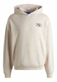 Felpa beige in tessuto misto cotone, con tasca frontale, polsini a costine e logo ricamato sul petto.