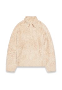 Pullover beige soffice con colletto, caratterizzato da una patta con bottoni, tessuto morbido e design corto. Logo del marchio minimalista sull'orlo.