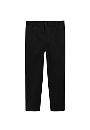 Svarta chinos med knapp och elastisk midja, rak bendesign och slät tygtextur. Har sidofickor och en minimalistisk stil.