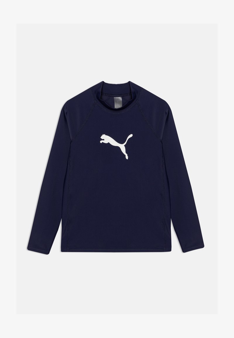 Μπλουζάκι αθλητισμού με μακρύ μανίκι σε ναυτικό χρώμα, φτιαγμένο από λείο ύφασμα, με λευκό λογότυπο Puma στο κέντρο και ραγλανικά μανίκια.