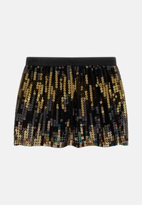 Pantaloni corti neri con paillettes, caratterizzati da un design arricciato, che presenta una vita nera e un motivo di paillettes dorate e colorate per un tocco di texture in più.