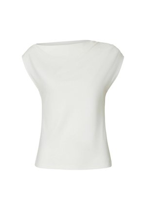 Weißes ärmelloses Damenoberteil mit U-Boot-Ausschnitt und leicht lockerem Sitz, vor einem einfarbigen Hintergrund präsentiert.