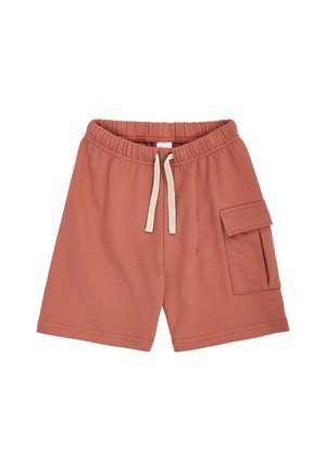 Bawełniane szorty w kolorze rdzy z elastycznym pasem, białym sznurkiem i kieszenią z klapką po prawej stronie na białym tle.