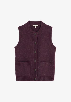 Gilet sans manches tricoté en violet profond avec des motifs mouchetés, doté d'un col rond, de cinq boutons foncés et de deux poches côtelées.