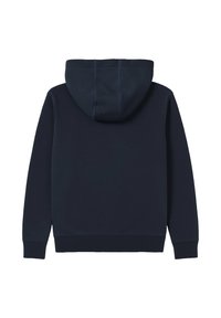 Felpa con cappuccio blu navy, caratterizzata da una texture liscia, polsini a costine e una tasca a marsupio. Presenta dettagli di cucitura minimali sul retro.