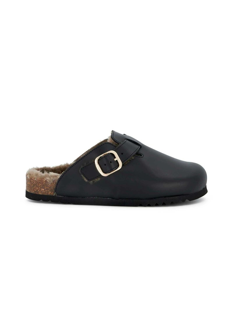 Schwarze Lederclogs mit geschwungenem Design, verstellbarem Riemen und weichem Lammfellfutter. Enthält eine Korkfußbett und eine Gummisohle mit strukturiertem Grip.