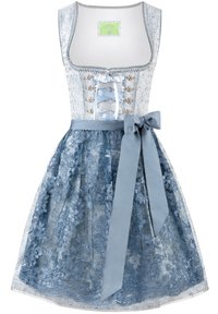 Blaues Spitzen-Dirndlkleid mit tailliertem Oberteil, Schnürung an der Vorderseite und einem kompletten Rock mit floralen Mustern. Abgerundet mit einem Satinband.