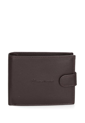 Brown leather wallet with a smooth texture, featuring a snap closure and embossed brand logo on the front. Compact, with rectangular shape.