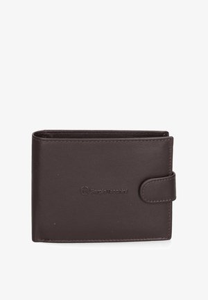 Bruine leren portemonnee met een gladde textuur, voorzien van een drukknoopsluiting en een geperst merlogo aan de voorkant. Compact, in een rechthoekige vorm.