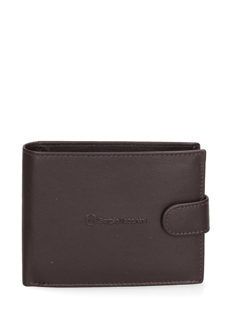 Portafoglio in pelle marrone con texture liscia, dotato di chiusura a scatto e logo del marchio impresso sulla parte anteriore. Compatto, con forma rettangolare.