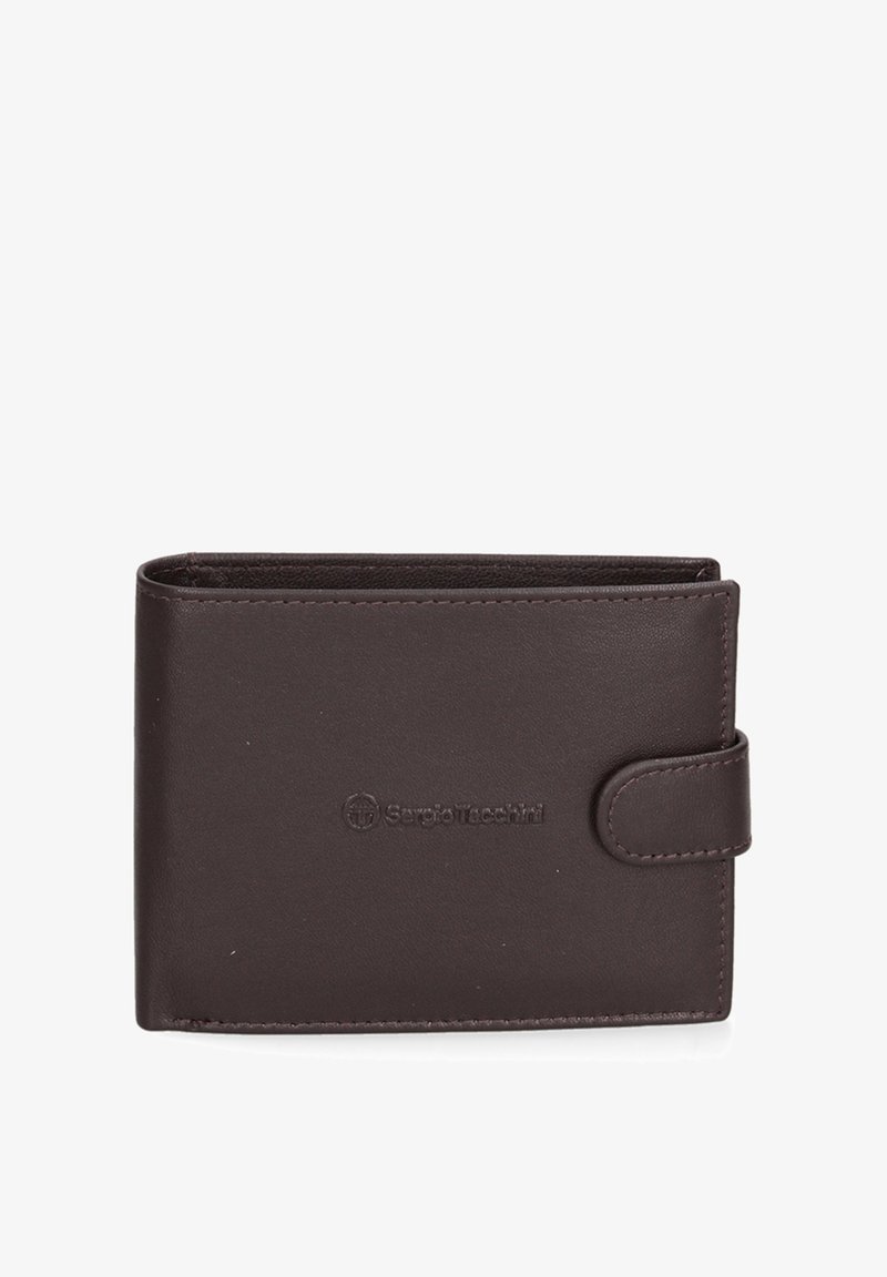 Bruine leren portemonnee met een gladde textuur, voorzien van een drukknoopsluiting en een geperst merlogo aan de voorkant. Compact, in een rechthoekige vorm.