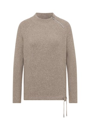 Beige geribbelde gebreide trui met lange mouwen, opstaande kraag, diagonale ritsdetail op de schouder en verstelbare trekkoorden aan de zoom.
