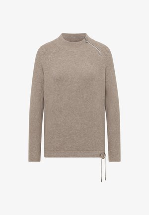 Beige geribbelde gebreide trui met lange mouwen, opstaande kraag, diagonale ritsdetail op de schouder en verstelbare trekkoorden aan de zoom.