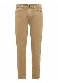 Khaki broek van zacht katoen, met een klassiek vijfzakkenontwerp, knoopsluiting en rechte pasvorm met subtiele stikdetails.
