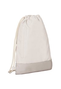 Šňůrkový batoh z béžové látky s hladkým šedým dnem. Obsahuje boční kapsu a pevné krémové šňůrky pro uzavření.