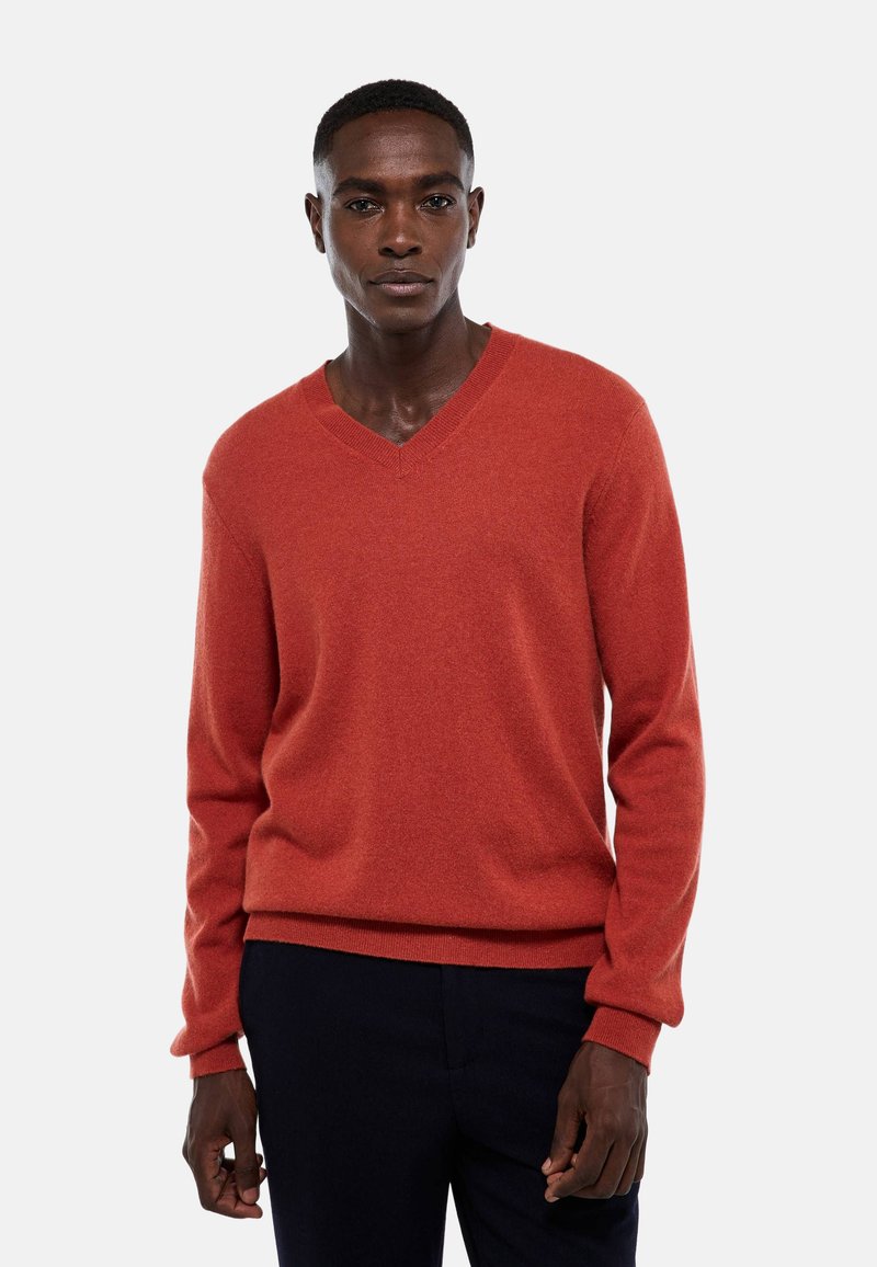 Homme portant un pull en V couleur rouille et un pantalon sombre, se tenant devant un fond clair uni.