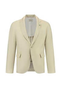 Beige Leinenblazer mit leichter Textur, mit Reverskragen, zwei Vordertaschen und einem einzelnen Knopfverschluss. Verfügt über eine kleine grüne Akzentnadel.