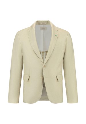 Beige linnen blazer met een lichte textuur, gekartelde revers, twee voorzakken en een enkele knoopsluiting. Beschikt over een kleine groene accentspeld.