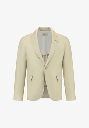 Beige linnen blazer met een lichte textuur, gekartelde revers, twee voorzakken en een enkele knoopsluiting. Beschikt over een kleine groene accentspeld.