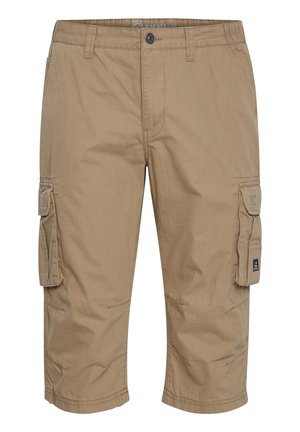 Shorts cargo en khaki en mélange de coton, présentant quatre poches, une coupe droite, des détails de couture et une fermeture à bouton à la taille.