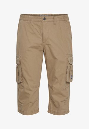 Shorts cargo en khaki en mélange de coton, présentant quatre poches, une coupe droite, des détails de couture et une fermeture à bouton à la taille.