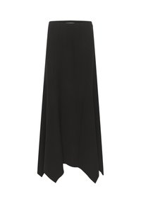 Gonna midi nera con vita alta, texture morbida, orlo asimmetrico e sottili dettagli drappeggiati per una silhouette moderna.