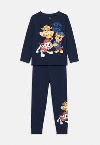 Námornícke modré pyžamá pre deti s postavami Paw Patrol, Chase, Rubble a Marshall na tričku a nohaviciach.