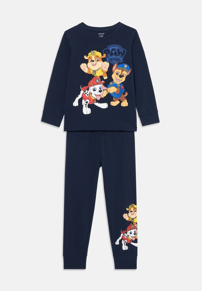 Pijamas infantis azul-marinho com personagens da Patrulha Pata, Chase, Rubble e Marshall, na parte superior e nas calças.