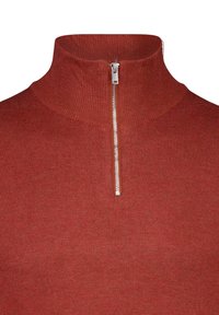 Pull en couleur rouille avec un col haut et une fermeture éclair mi-longue. Texture côtelée sur l'ensemble. Design simple, sans motifs ni accents supplémentaires.