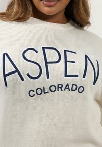 Un pull en tricot crème avec un texte audacieux en bleu marine indiquant "ASPEN COLORADO", avec une finition texturée et un col côtelé.