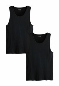 Due canotte nere a costine con ampie aperture per le braccia e scolli rotondi, realizzate in un tessuto morbido ed elastico, esposte impilate una sopra l'altra.