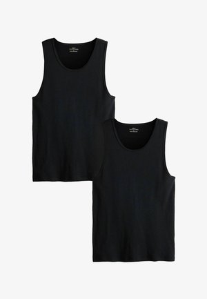 Divi melni riboti tanki ar plašām piedurknēm un apaļiem kakla izgriezumiem, izgatavoti no mīksta, elastīga auduma, attēloti sakrauti vienā virs otras.