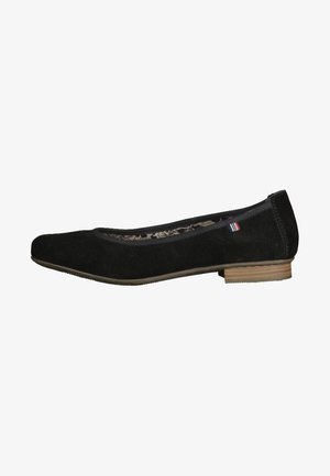 Black suede women's ballet flat with low wooden heel and floral-patterned inner lining, featuring a small fabric tag on the side.