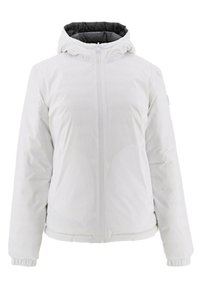 Giacca trapuntata bianca con cappuccio, caratterizzata da zip frontale, polsini elasticizzati e una texture liscia. Fodera interna nera per contrasto.