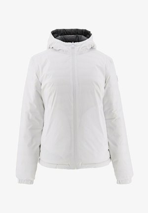 Veste blanche matelassée avec capuche, dotée d'une fermeture éclair à l'avant, de poignets élastiques et d'une texture lisse. Doublure intérieure noire pour le contraste.
