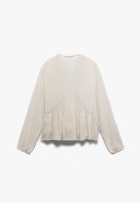 Blusa a maniche lunghe color crema con orlo peplum, tessuto leggero e trasparente, scollatura rotonda e texture sottile.