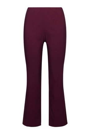Burgunderfarbene Stretch-Hosen mit weitem Bein, ausgestattet mit einem elastischen Bund und glatter Textur. Keine sichtbaren Verzierungen oder Muster.