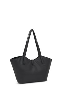 Borsa tote nera in pelle liscia, con un'ampia apertura e spallacci lunghi, dal design minimalista senza elementi metallici o motivi visibili.