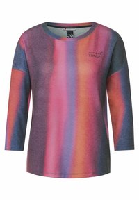 Dámský top s dlouhým rukávem, který má gradientní vzor v růžových, fialových a modrých odstínech. Materiál je měkký, s kulatým výstřihem a volným střihem.