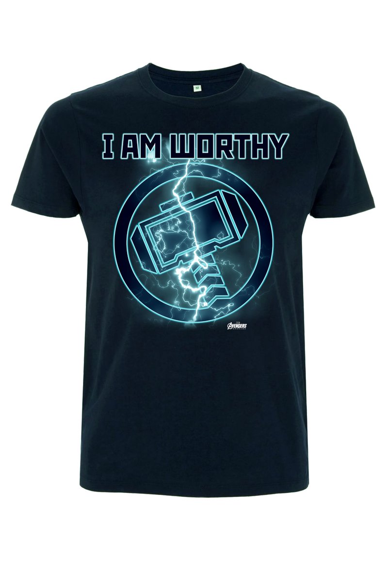 Czarna bawełniana koszulka z napisem "JESTEM WART" w pogrubionej białej czcionce, z niebieską grafiką przedstawiającą młot i błyskawicę.